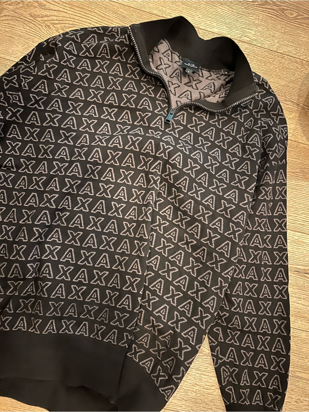 Armani Exchange Black and Gray Monogram Zip-Up Sweater